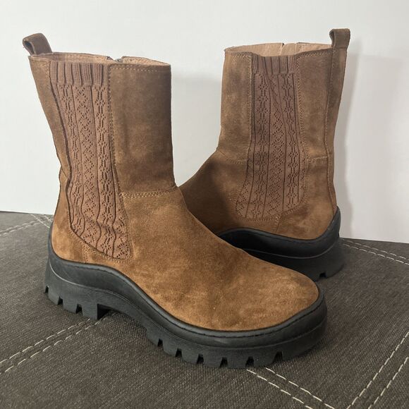 Anthropologie Farylrobin Chelsea Boots Size 38 US 8 Brown Suede Chunky Zip Boot - Picture 1 of 11